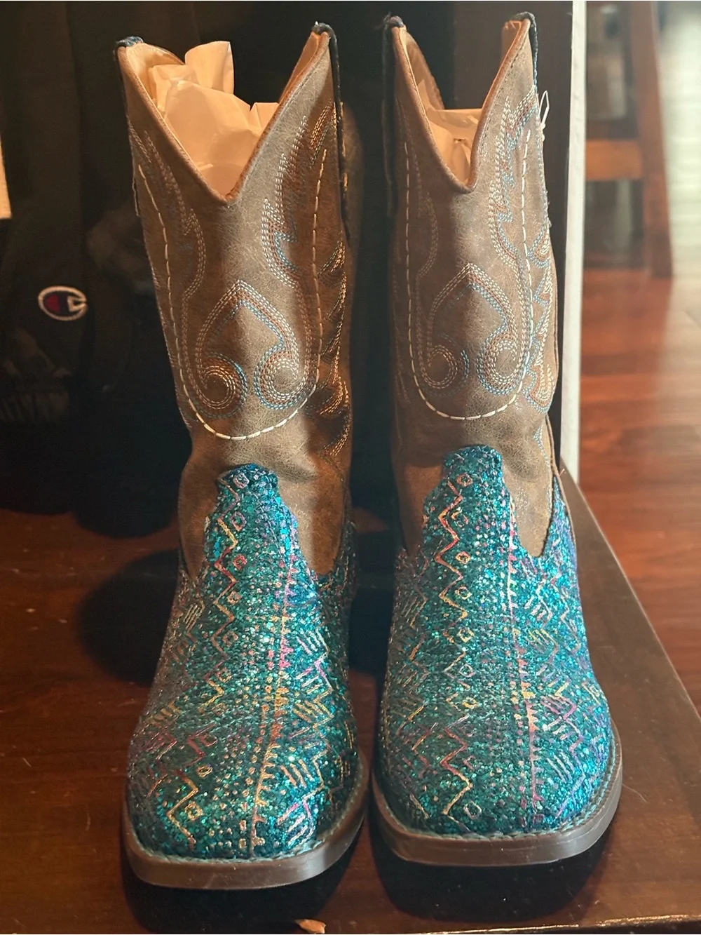 Western-Style Little Kid’s  Boots in Teal Multicolor Embellishment